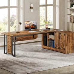 Tribesigns Desks*78" L - Shaped Executive Desk, Farmhouse Reversible Computer Desk with Cabinet