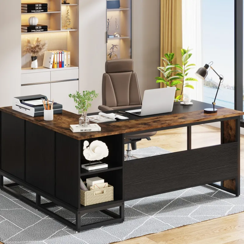 Tribesigns Desks*63" L-Shaped Desk, Large Executive Business Desk with Drawers and Shelves