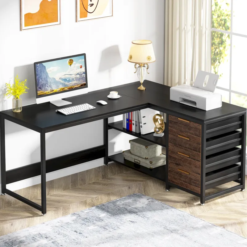 Tribesigns Desks*59" L-Shaped Desk, Reversible Corner Desk with Drawers & Shelves