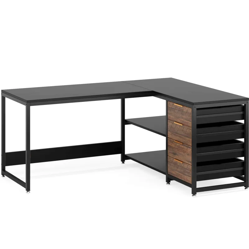 Tribesigns Desks*59" L-Shaped Desk, Reversible Corner Desk with Drawers & Shelves