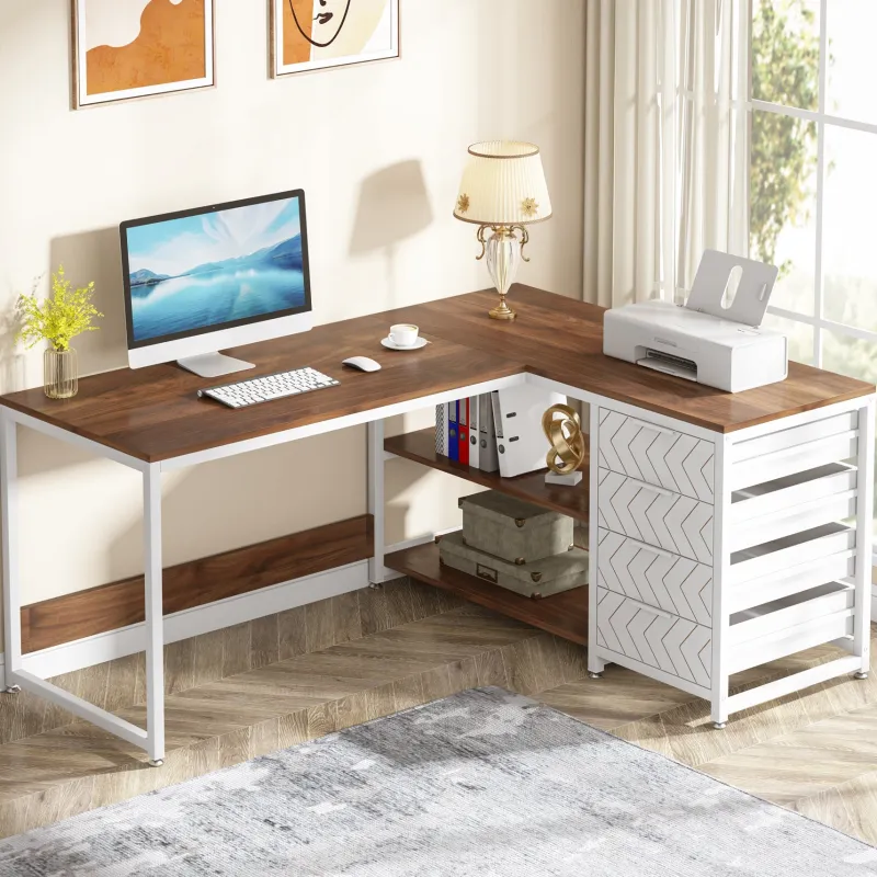 Tribesigns Desks*59" L-Shaped Desk, Reversible Corner Desk with Drawers & Shelves