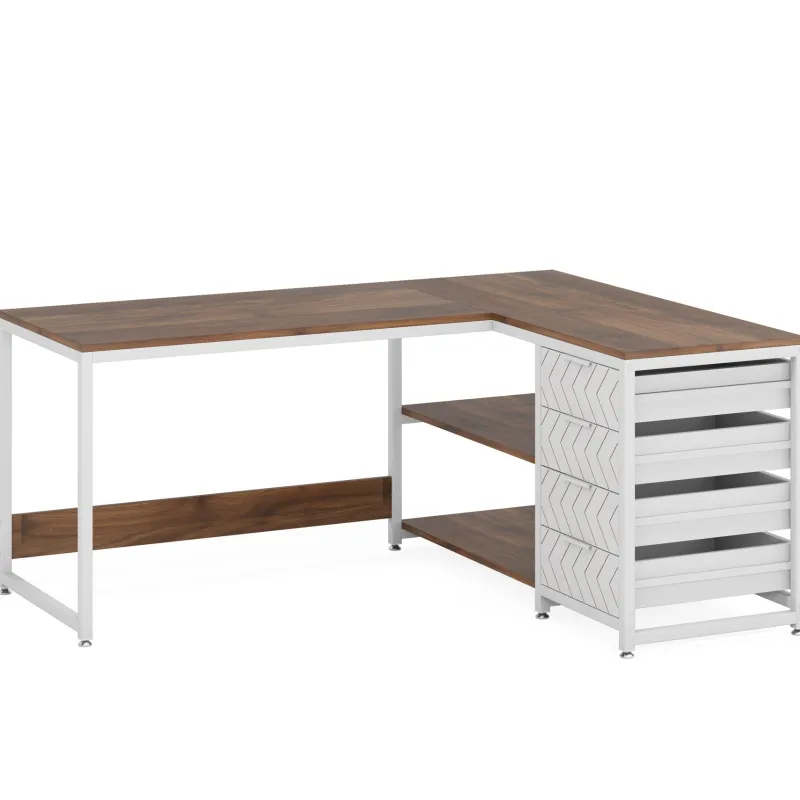 Tribesigns Desks*59" L-Shaped Desk, Reversible Corner Desk with Drawers & Shelves