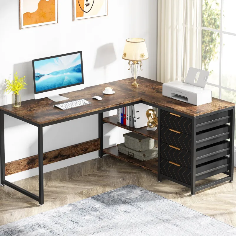 Tribesigns Desks*59" L-Shaped Desk, Reversible Corner Desk with Drawers & Shelves