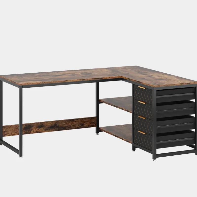 Tribesigns Desks*59" L-Shaped Desk, Reversible Corner Desk with Drawers & Shelves