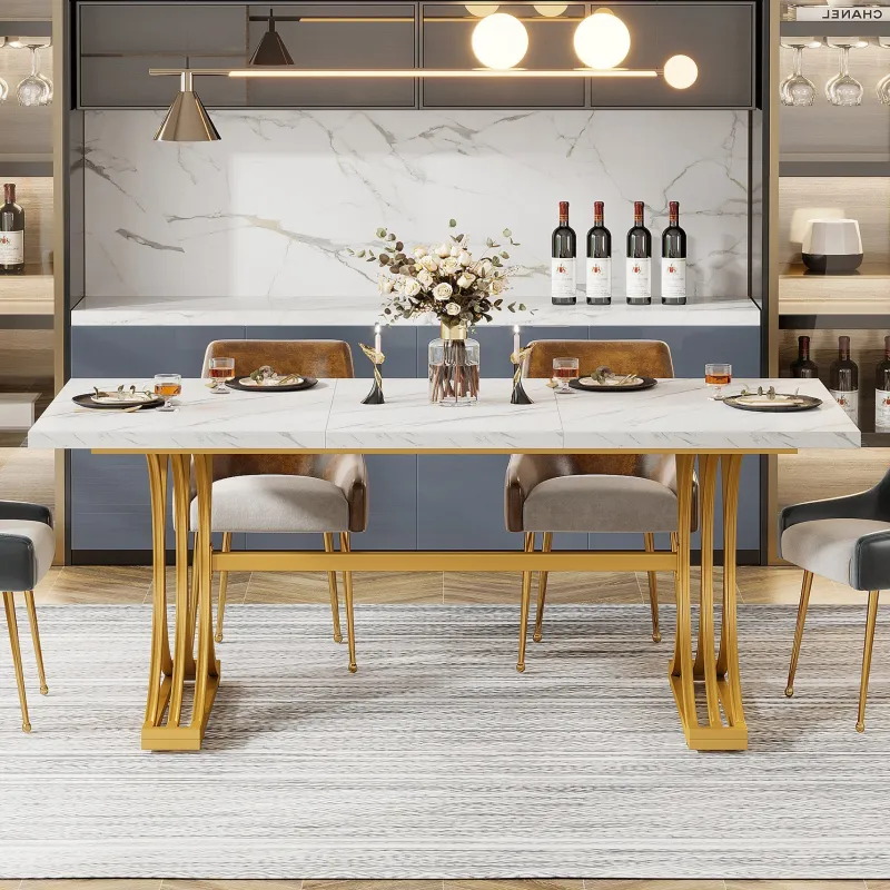 Tribesigns Dining Tables*63'' Modern Dining Table with Faux Marble Tabletop & Metal Legs