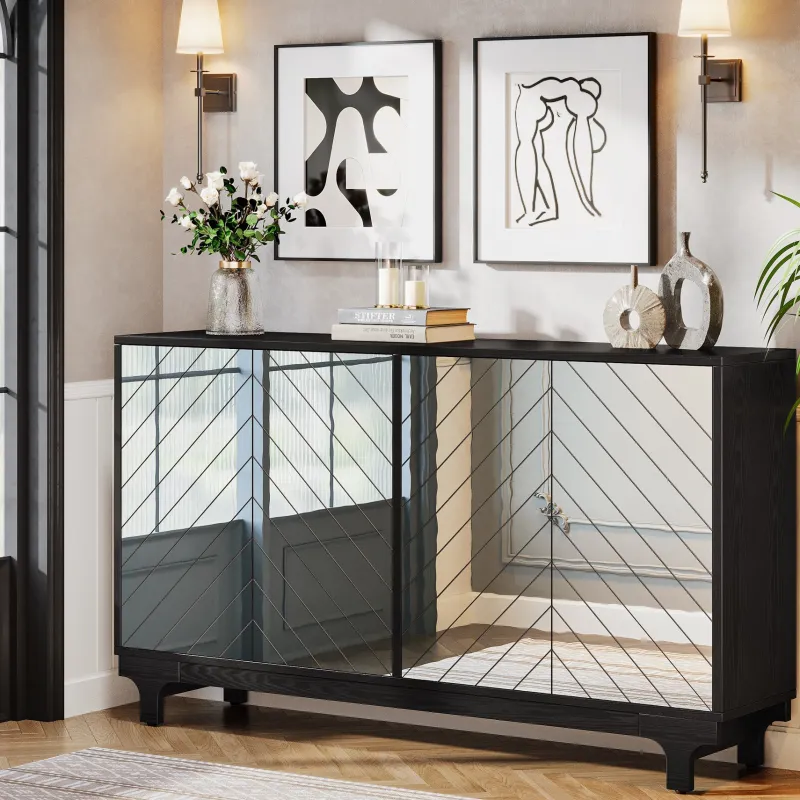 Tribesigns Sideboards & Buffets|Sideboards & Buffets*59" Sideboard Buffet, Modern Credenzas Storage Cabinet with 4 Acrylic Mirror Doors