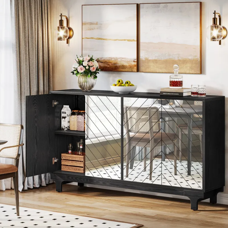 Tribesigns Sideboards & Buffets|Sideboards & Buffets*59" Sideboard Buffet, Modern Credenzas Storage Cabinet with 4 Acrylic Mirror Doors