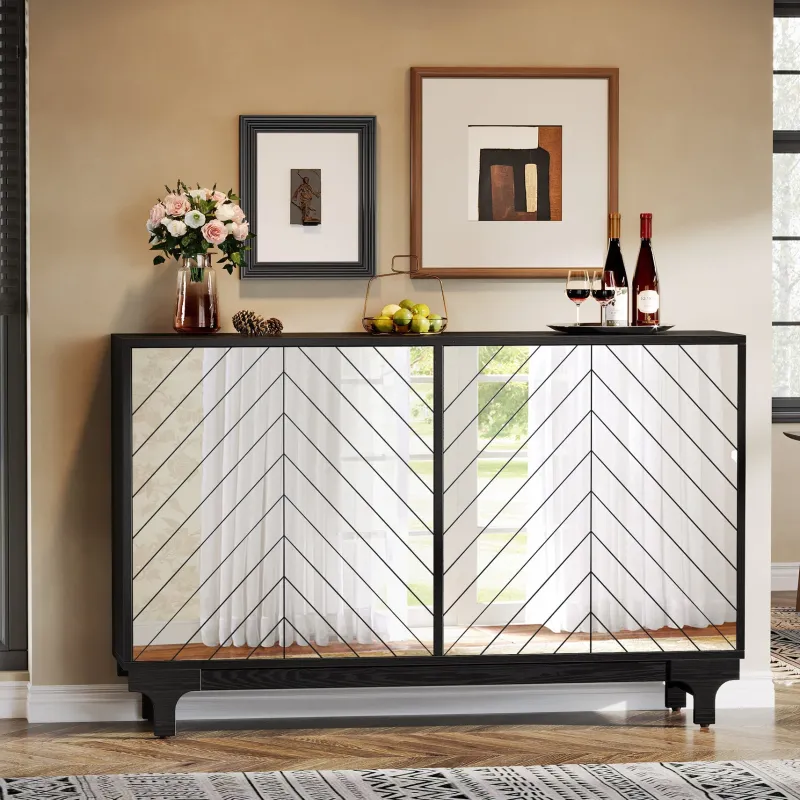 Tribesigns Sideboards & Buffets|Sideboards & Buffets*59" Sideboard Buffet, Modern Credenzas Storage Cabinet with 4 Acrylic Mirror Doors