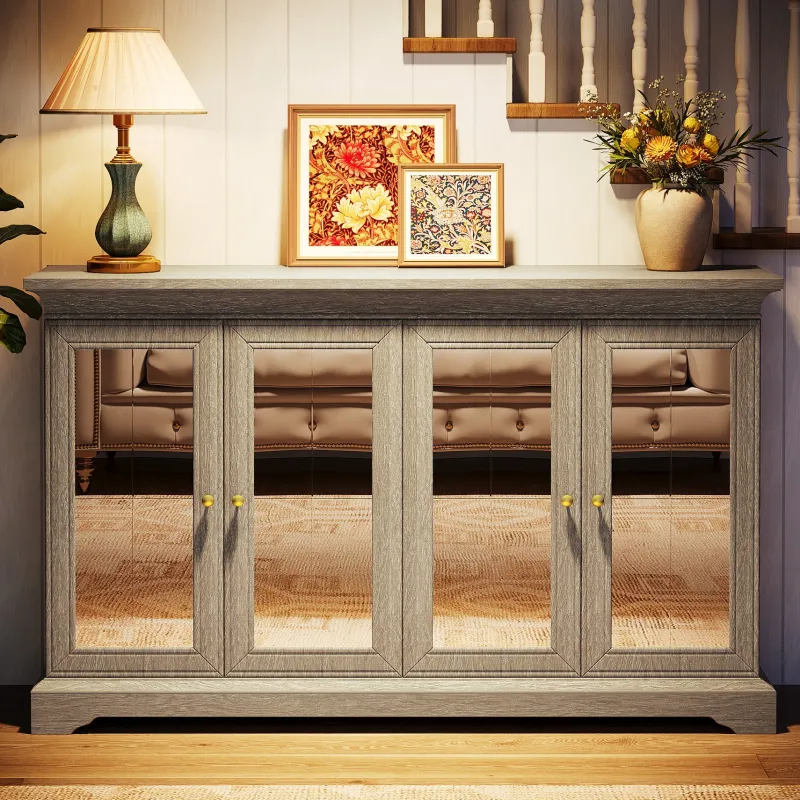Tribesigns Sideboards & Buffets|Sideboards & Buffets*55" Sideboard Buffet, Wood Mirrored Buffet Cabinet with Adjustable Shelves