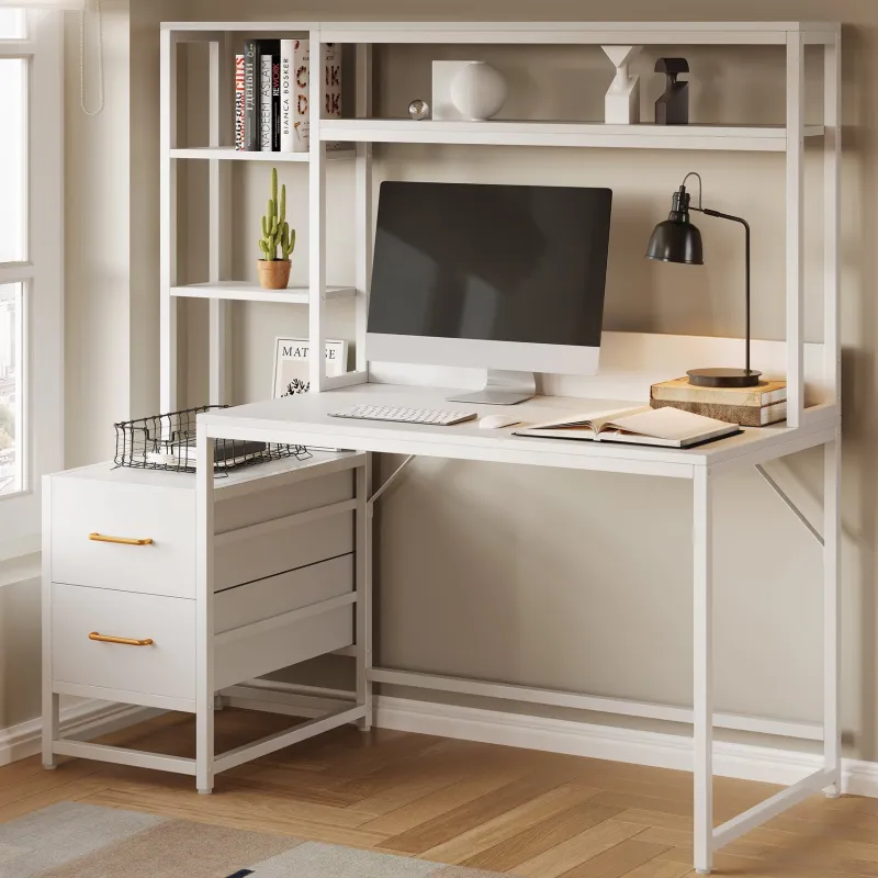 Tribesigns Desks*60" Tall Computer Desk Writing Table with 2 Drawers and Storage Shelves