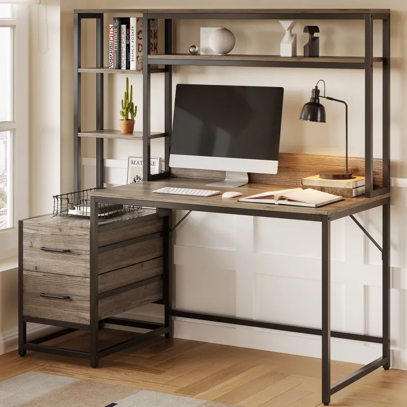 Tribesigns Desks*60" Tall Computer Desk Writing Table with 2 Drawers and Storage Shelves