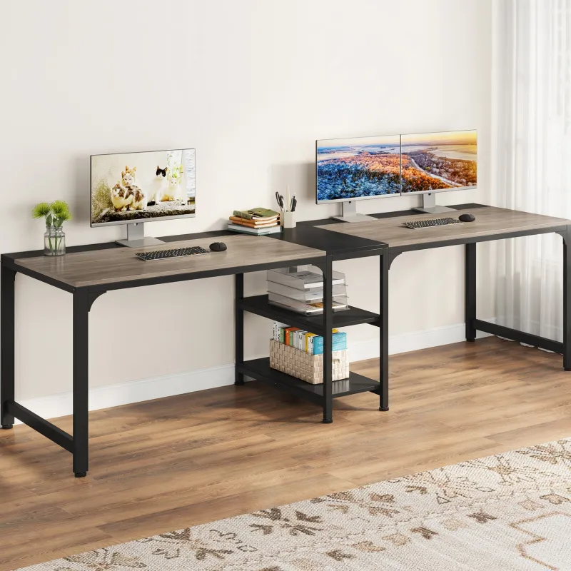 Tribesigns Desks*90.55'' Two Person Desk, Double Computer Desk with Storage Shelves