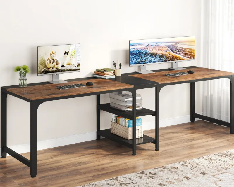 Tribesigns Desks*90.55'' Two Person Desk, Double Computer Desk with Storage Shelves