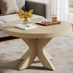 Tribesigns Coffee Tables*31.5" Wood Coffee Table, Round Center Table With Double X - Shaped Base