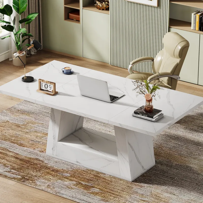 Tribesigns Desks*63" Wood Computer Desk, Faux Marble Executive Desk Office Desk