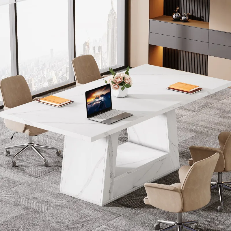 Tribesigns Desks*63" Wood Computer Desk, Faux Marble Executive Desk Office Desk