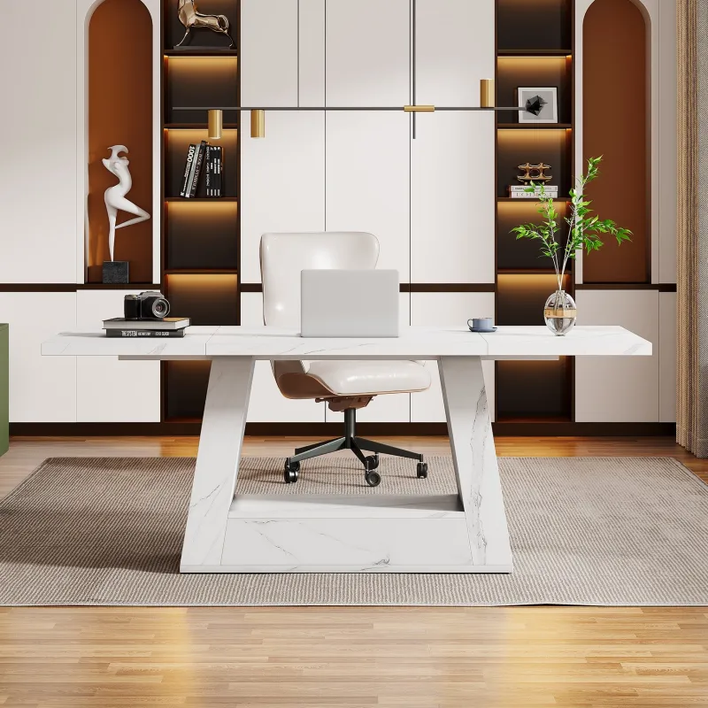 Tribesigns Desks*63" Wood Computer Desk, Faux Marble Executive Desk Office Desk