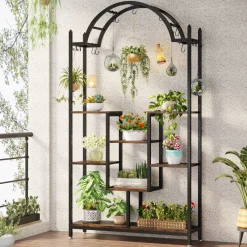 Tribesigns Plant Stands|Plant Stands*Arched Plant Stand, 74.8" Flower Stands with Hanging Hooks