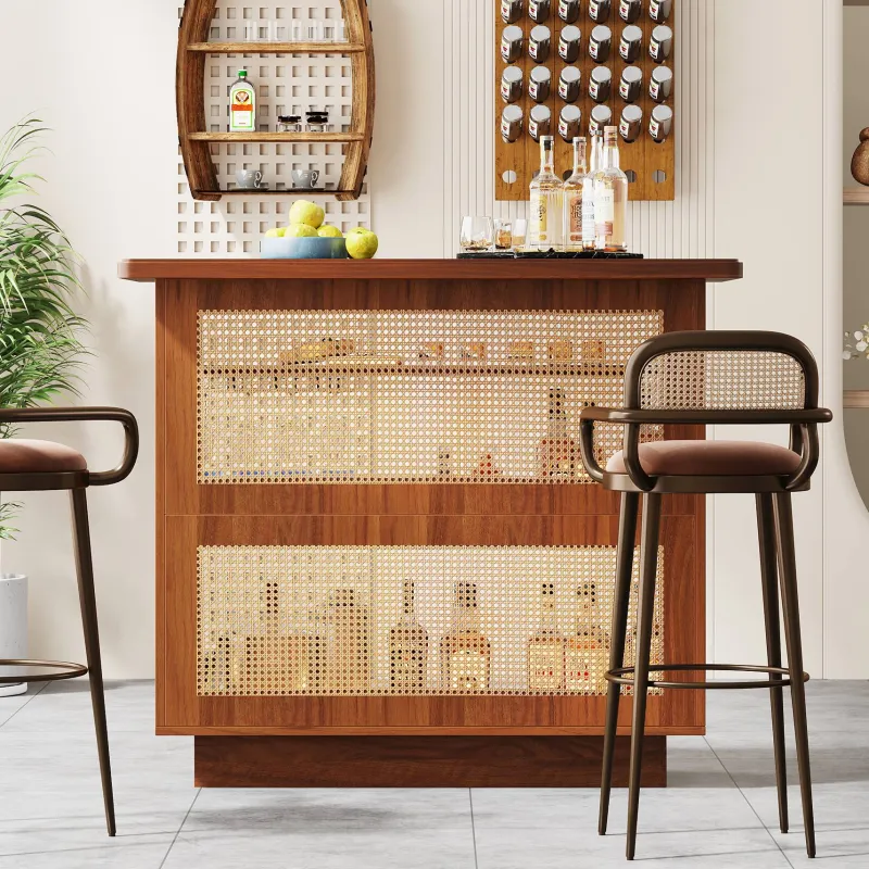 Tribesigns Bar Units*Bar Unit, 4-Tier Rattan Liquor Wine Bar Cabinet with Stemware Racks