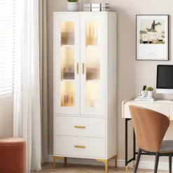 Tribesigns Bookcases & Bookshelves|Bookcases & Bookshelves*Bookcase, White Bookshelf with LED Light, Frosted Doors & 2 Drawers