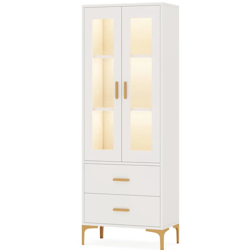 Tribesigns Bookcases & Bookshelves|Bookcases & Bookshelves*Bookcase, White Bookshelf with LED Light, Frosted Doors & 2 Drawers