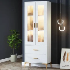 Tribesigns Bookcases & Bookshelves|Bookcases & Bookshelves*Bookcase, White Bookshelf with LED Light, Frosted Doors & 2 Drawers