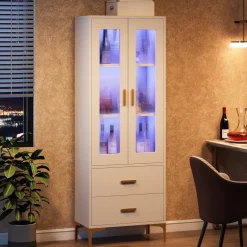 Tribesigns Bookcases & Bookshelves|Bookcases & Bookshelves*Bookcase, White Bookshelf with LED Light, Frosted Doors & 2 Drawers