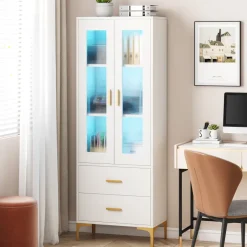Tribesigns Bookcases & Bookshelves|Bookcases & Bookshelves*Bookcase, White Bookshelf with LED Light, Frosted Doors & 2 Drawers