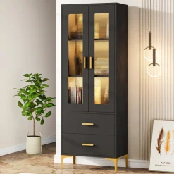 Tribesigns Bookcases & Bookshelves|Bookcases & Bookshelves*Bookcase, White Bookshelf with LED Light, Frosted Doors & 2 Drawers
