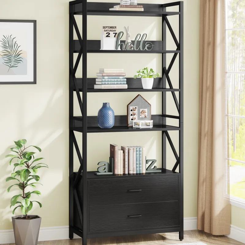 Tribesigns Bookcases & Bookshelves|Bookcases & Bookshelves*Bookshelf, 70.86" Industrial 5-Tier Bookcase with 2 Drawers