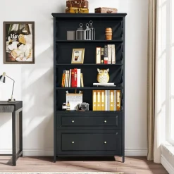 Tribesigns Bookcases & Bookshelves|Bookcases & Bookshelves*Bookshelf, 5-Tier Bookcase Display Shelf Organizer with 2 Drawers