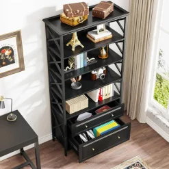 Tribesigns Bookcases & Bookshelves|Bookcases & Bookshelves*Bookshelf, 5-Tier Bookcase Display Shelf Organizer with 2 Drawers