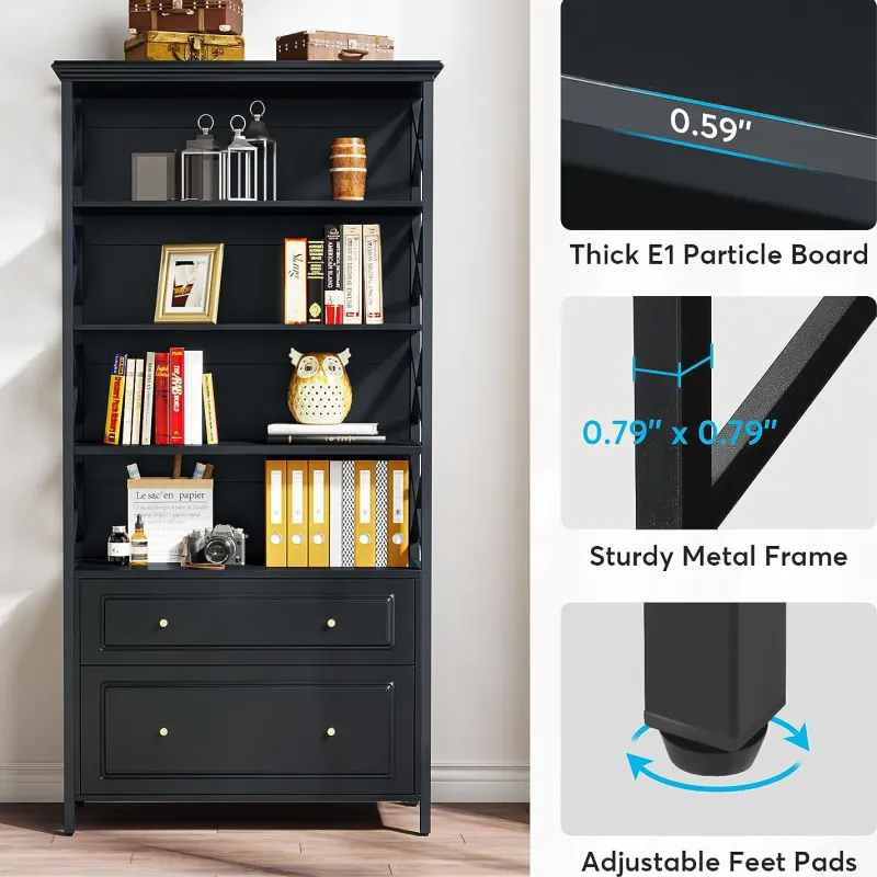 Tribesigns Bookcases & Bookshelves|Bookcases & Bookshelves*Bookshelf, 5-Tier Bookcase Display Shelf Organizer with 2 Drawers