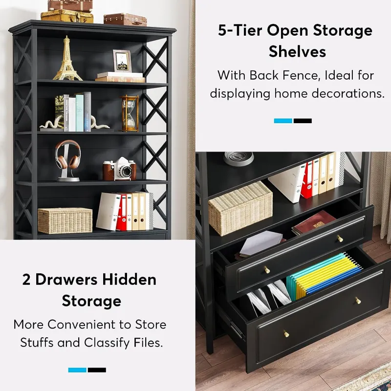 Tribesigns Bookcases & Bookshelves|Bookcases & Bookshelves*Bookshelf, 5-Tier Bookcase Display Shelf Organizer with 2 Drawers
