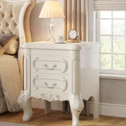Tribesigns Nightstands*Carved Nightstand, White Bedside Table End Table with 2 Drawers