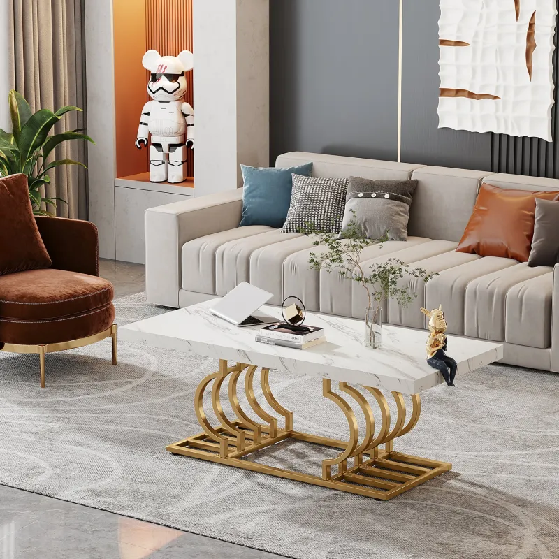 Tribesigns Coffee Tables*Coffee Table, 47" Faux Marble Cocktail Table with Geometric Frame