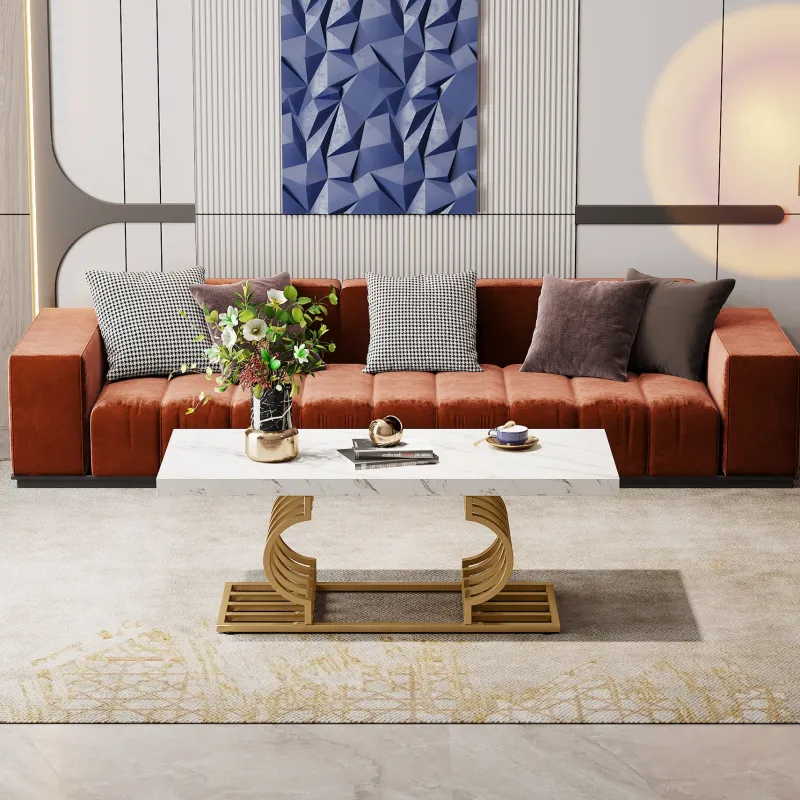 Tribesigns Coffee Tables*Coffee Table, 47" Faux Marble Cocktail Table with Geometric Frame