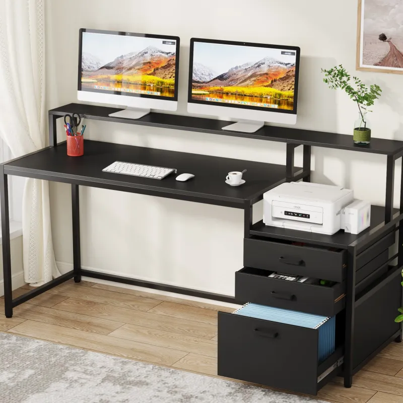 Tribesigns Desks*Computer Desk, 63" Home Office Desk with Drawers & Monitor Stand
