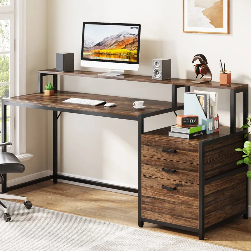 Tribesigns Desks*Computer Desk, 63" Home Office Desk with Drawers & Monitor Stand