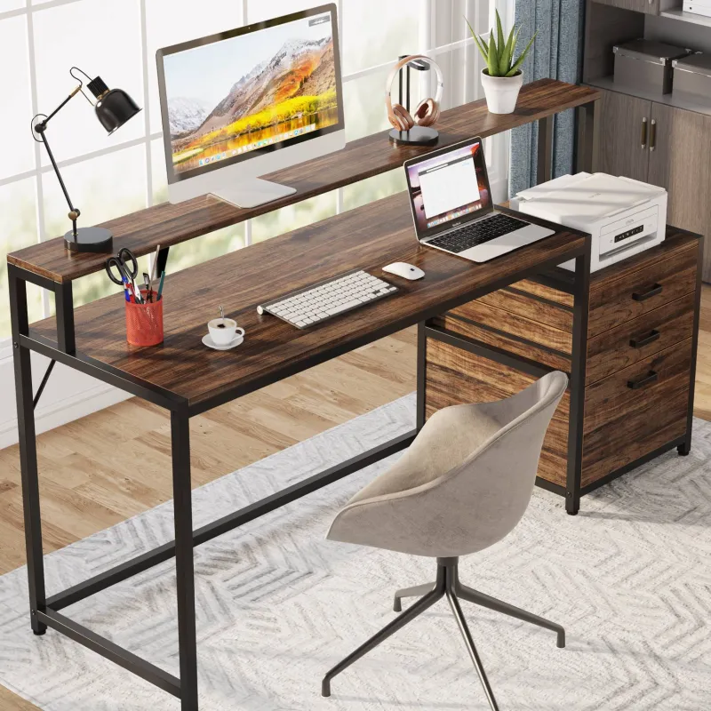 Tribesigns Desks*Computer Desk, 63" Home Office Desk with Drawers & Monitor Stand