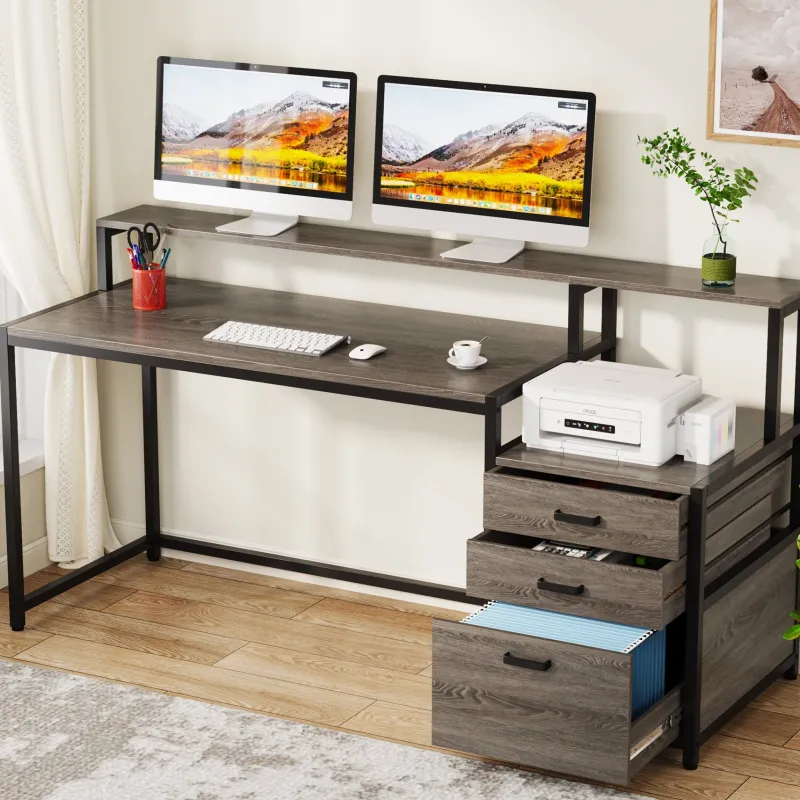 Tribesigns Desks*Computer Desk, 63" Home Office Desk with Drawers & Monitor Stand