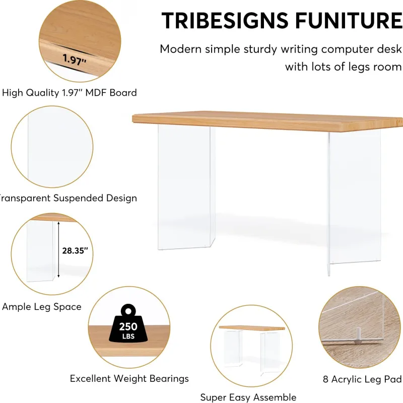 Tribesigns Desks*Computer Desk, 55" Modern Study Writing Table with Acrylic Legs