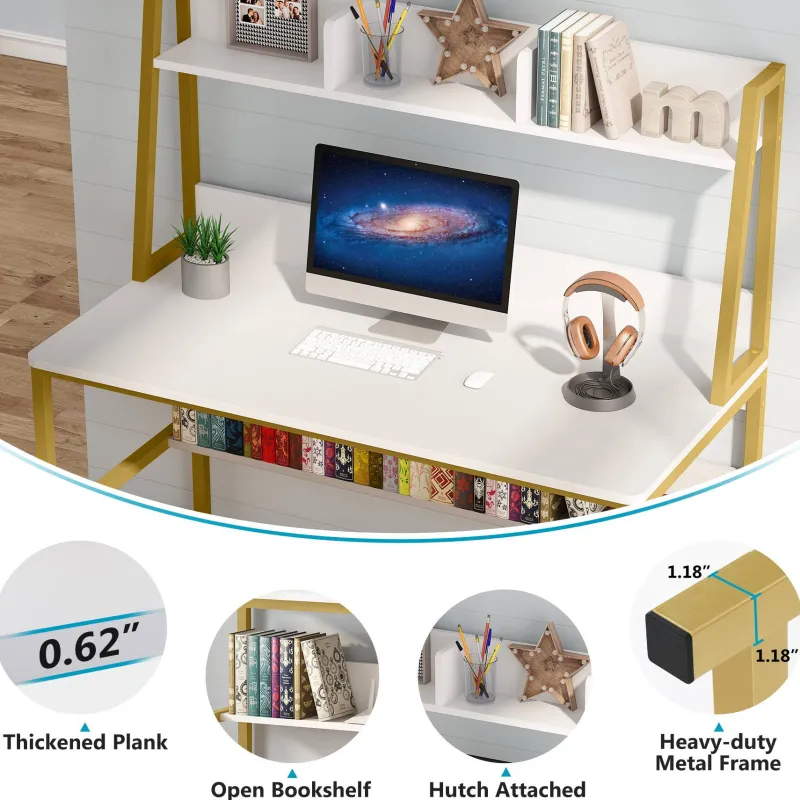 Tribesigns Desks*Computer Desk, Heavy Duty Writing Desk with Hutch & Bookshelf