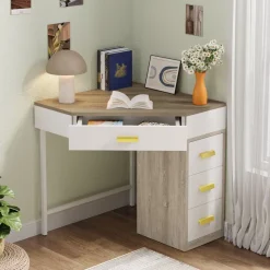 Tribesigns Makeup Vanities*Corner Desk, Triangle Computer Desk Makeup Vanity Desk with 3 Drawers