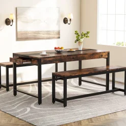 Tribesigns Dining Tables*Dining Table Set, Kitchen Breakfast Table with 2 Benches & Sided Drawer