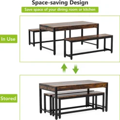 Tribesigns Dining Tables*Dining Table Set, Kitchen Breakfast Table with 2 Benches & Sided Drawer