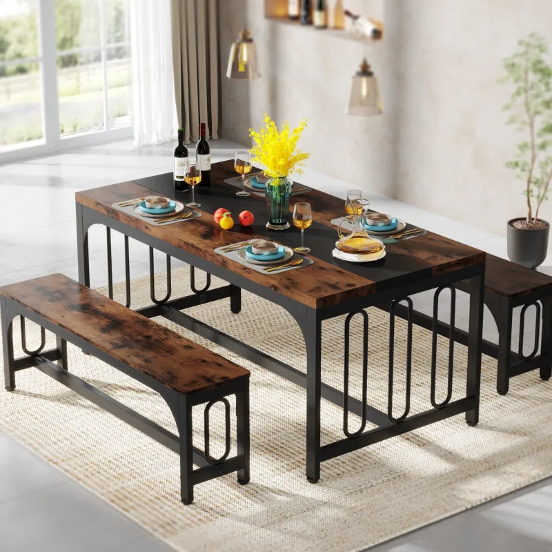 Tribesigns Dining Tables*Dining Table Set, 3-Piece Kitchen Table with 2 Benches for 4-6 People