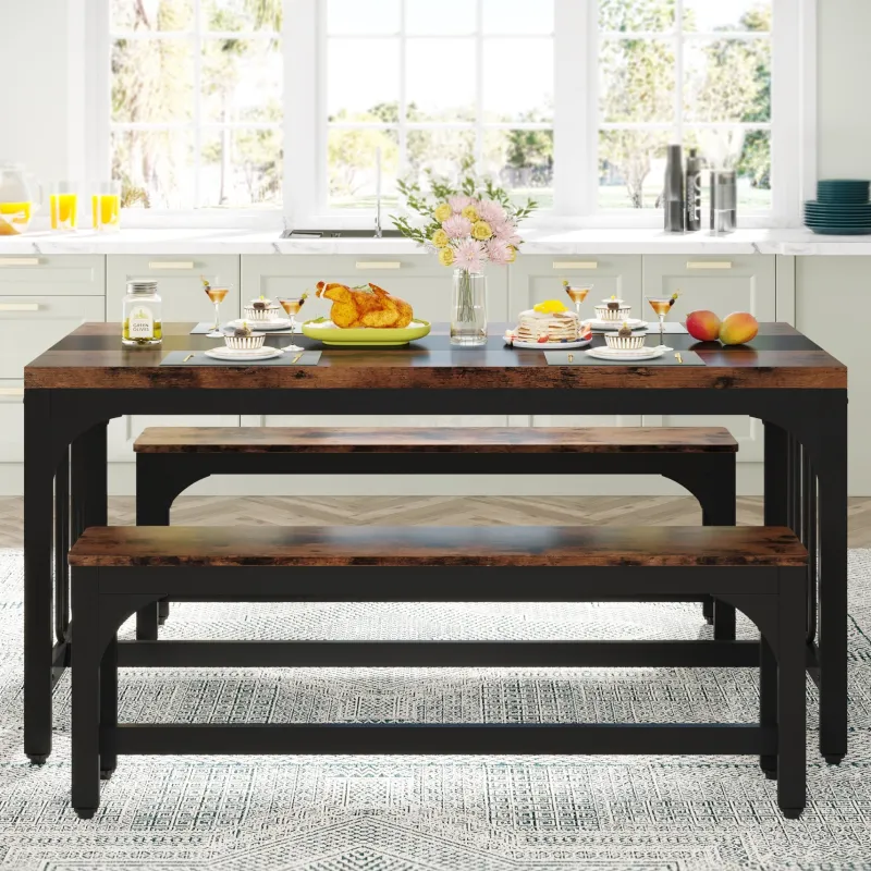 Tribesigns Dining Tables*Dining Table Set, 3-Piece Kitchen Table with 2 Benches for 4-6 People