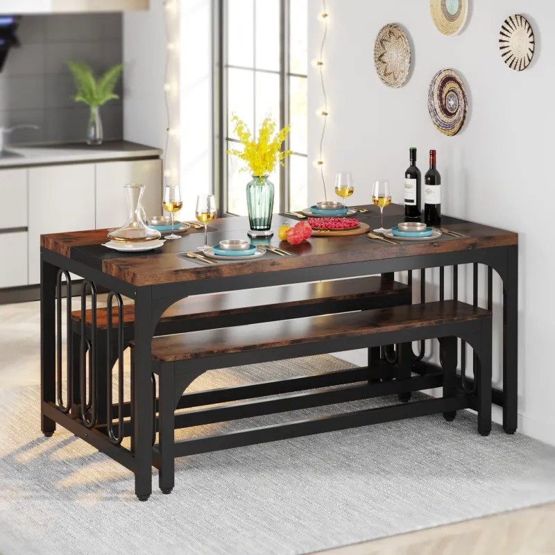 Tribesigns Dining Tables*Dining Table Set, 3-Piece Kitchen Table with 2 Benches for 4-6 People