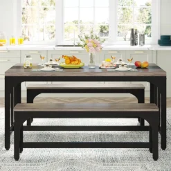 Tribesigns Dining Tables*Dining Table Set, 3-Piece Kitchen Table with 2 Benches for 4-6 People